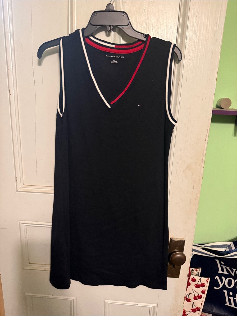 Tommy Hilfiger Black Sleeveless V-Neck Dress with Red & White Trim